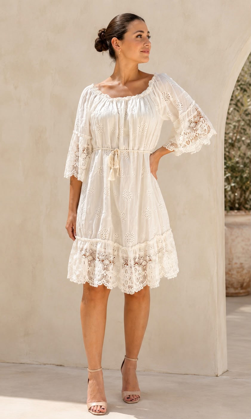Macie Embroidered Bardot Dress - White