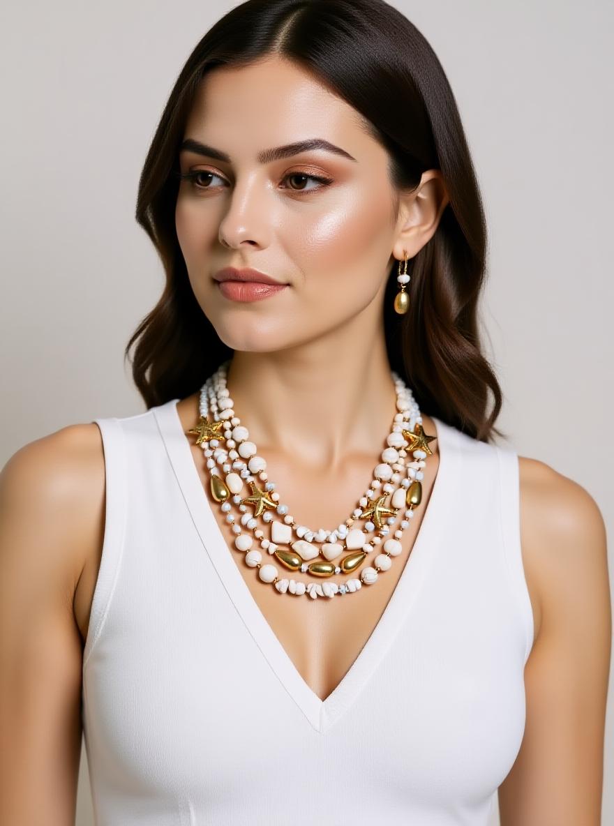 Woman wearing a white dress and multiple necklaces with a neutral background