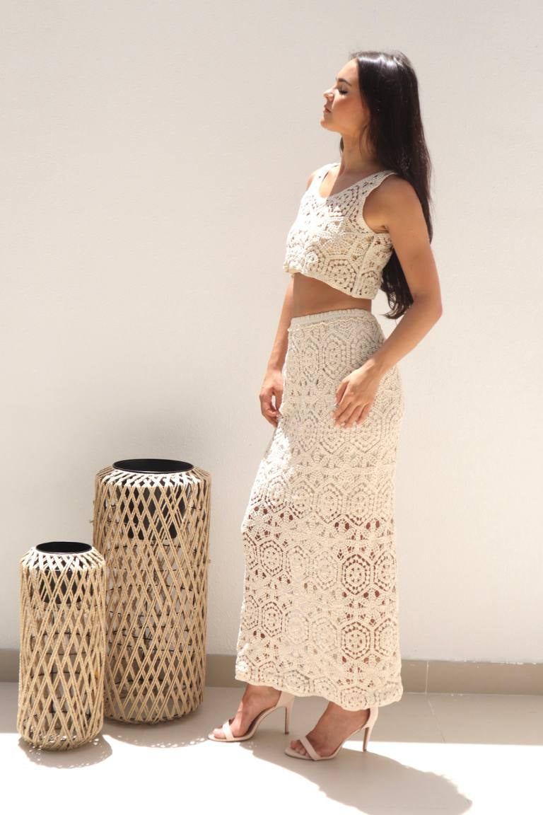 Female model wearing Isla Crochet Top - Natural- showcasing the latest ladies fashion with free delivery 