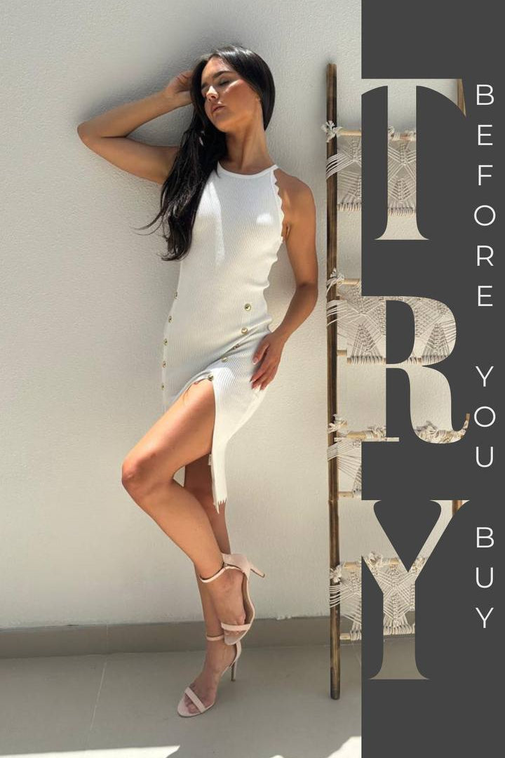 Female model wearing Try Before You Buy service- showcasing the latest ladies fashion with free delivery 